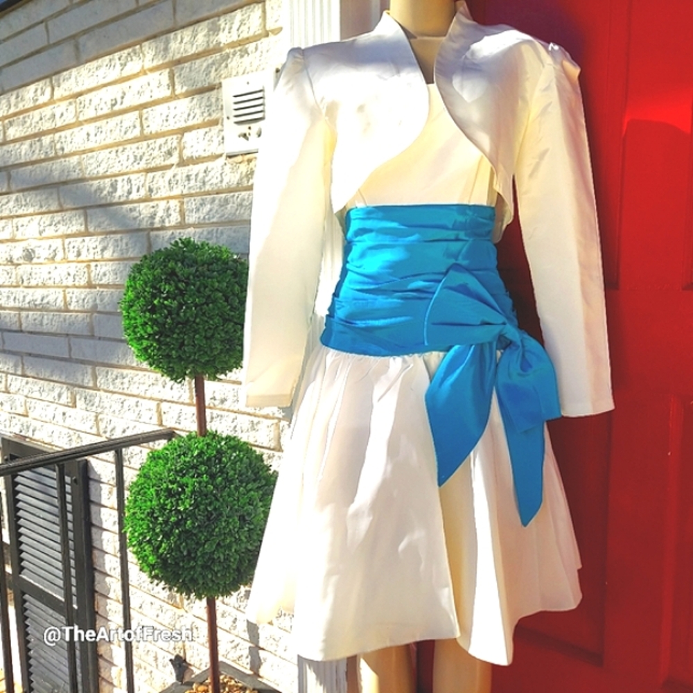Vintage 2pc Blue & White Spaghetti Strap Sundress W/ Matching Midi Jacket